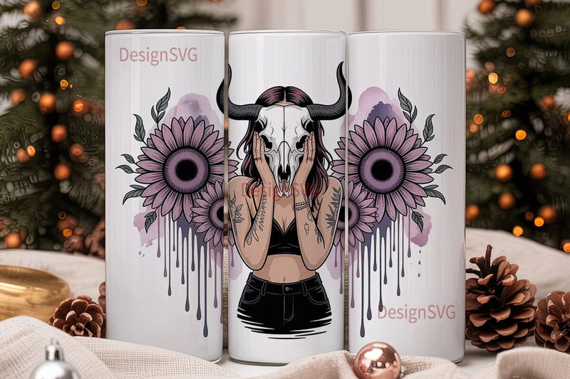 Dark Sunflower Bull Skull 20oz Tumbler Sublimation DesignSVG 