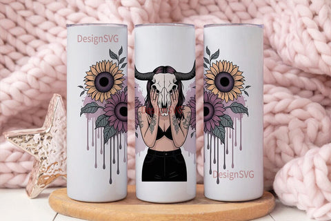 Dark Sunflower Bull Skull 20oz Tumbler Sublimation DesignSVG 