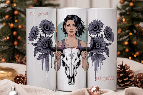 Dark Sunflower Bull Skull 20oz Tumbler Sublimation DesignSVG 