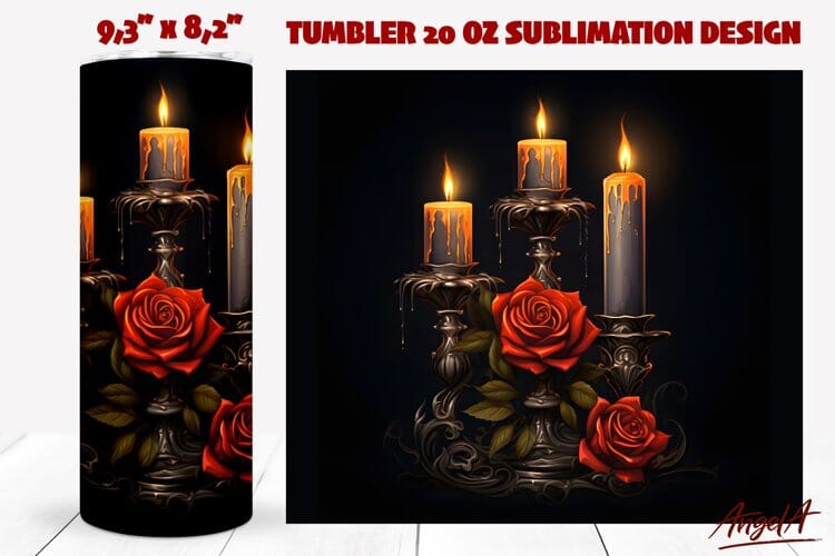 Dark tumbler wrap sublimation / Gothic candles, roses png Sublimation Angelina Semenova 
