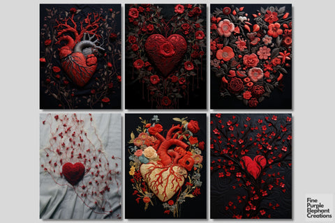 Dark Valentine Heart Embroidery Digital Junk Journal Kit Half Pages Digital Pattern Fine Purple Elephant Creations 