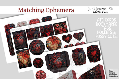 Dark Valentine Heart Embroidery Digital Junk Journal Kit Half Pages Digital Pattern Fine Purple Elephant Creations 