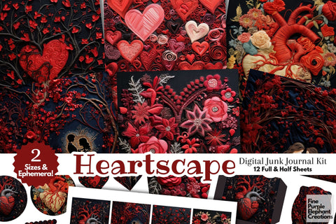 Dark Valentine Heart Embroidery Digital Junk Journal Kit Half Pages Digital Pattern Fine Purple Elephant Creations 