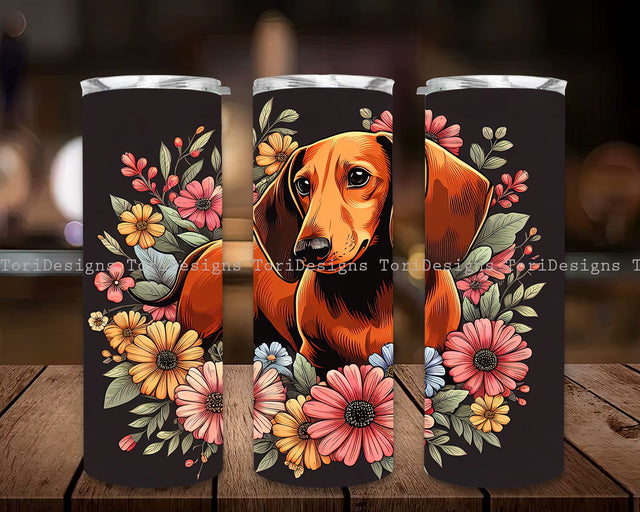 Daschund Dog with Flowers 20 oz Skinny Tumbler Sublimation Designs, Flowers Tumbler Wrap, Straight & Tapered Tumbler PNG, Dog Tumbler Wrap Sublimation ToriDesigns 