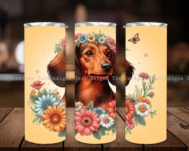 Daschund Dog with Flowers 20 oz Skinny Tumbler Sublimation Designs, Flowers Tumbler Wrap, Straight & Tapered Tumbler PNG, Dog Tumbler Wrap Sublimation ToriDesigns 