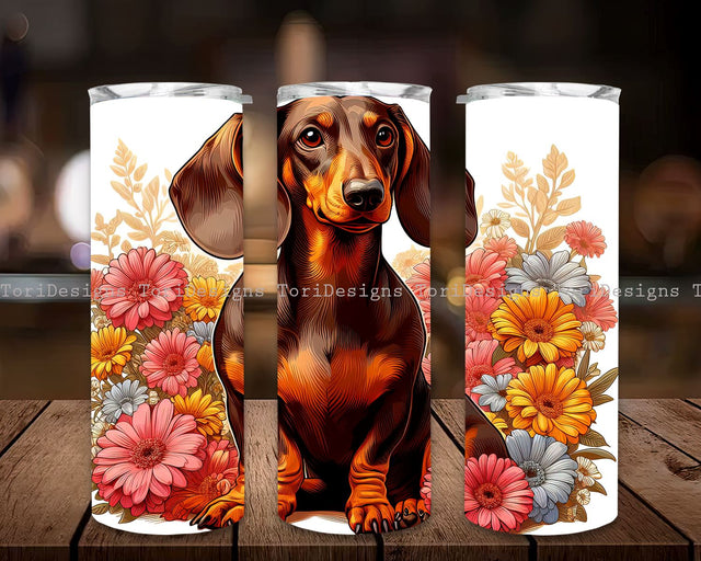 Daschund Dog with Flowers 20 oz Skinny Tumbler Sublimation Designs, Flowers Tumbler Wrap, Straight & Tapered Tumbler PNG, Dog Tumbler Wrap Sublimation ToriDesigns 