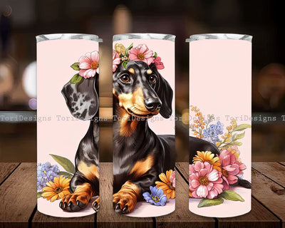 Daschund Dog with Flowers 20 oz Skinny Tumbler Sublimation Designs, Flowers Tumbler Wrap, Straight & Tapered Tumbler PNG, Dog Tumbler Wrap Sublimation ToriDesigns 