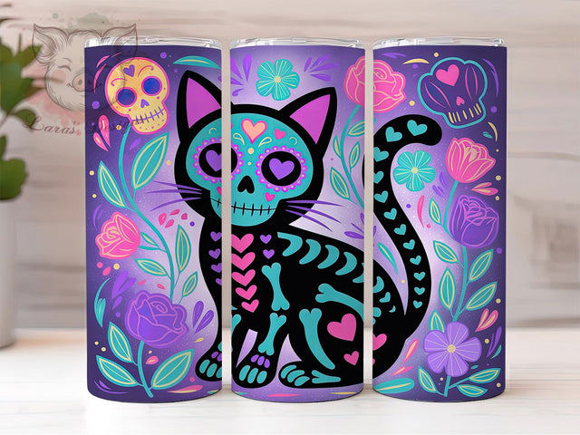 Day of Dead Black Cat Sugar Skull Tumbler, Black Cat, Colorful Halloween, Vibrant Wrap, Sugar Skull Style, Sublimation Tumbler, 20Oz Cup Sublimation Lara' s Designs 