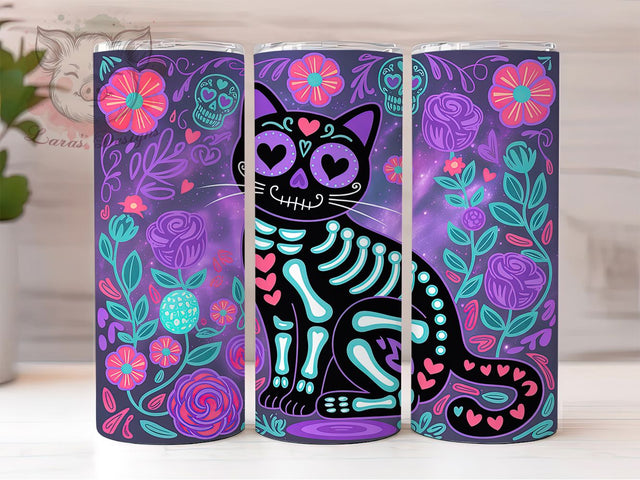 Day of Dead Black Cat Sugar Skull Tumbler, Black Cat, Colorful Halloween, Vibrant Wrap, Sugar Skull Style, Sublimation Tumbler, 20Oz Cup Sublimation Lara' s Designs 