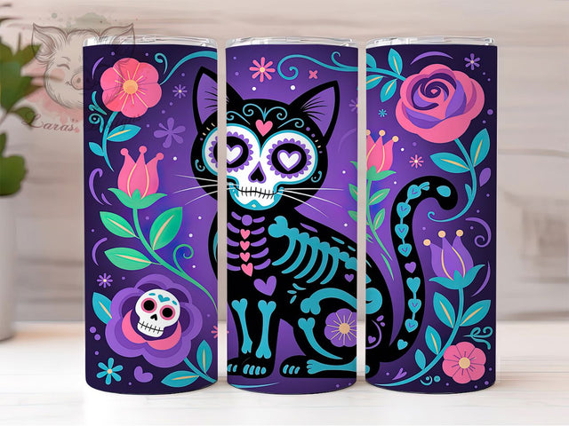 Day of Dead Black Cat Sugar Skull Tumbler, Black Cat, Colorful Halloween, Vibrant Wrap, Sugar Skull Style, Sublimation Tumbler, 20Oz Cup Sublimation Lara' s Designs 