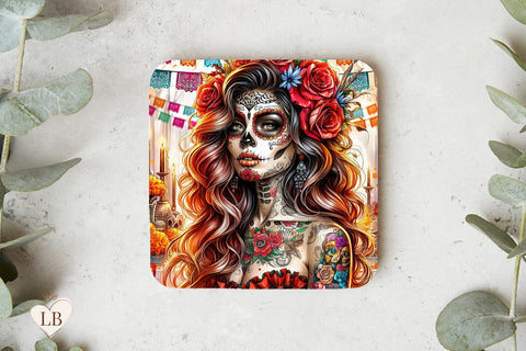 Day of the Dead Coaster, Day of the Dead Square Coaster Sublimation Sublimation BijouBay 