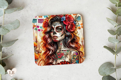Day of the Dead Coaster, Day of the Dead Square Coaster Sublimation Sublimation BijouBay 
