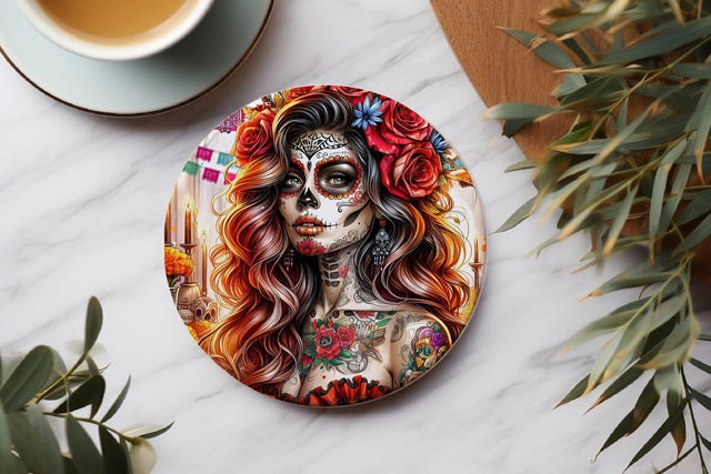 Day of the Dead Coaster, Dia de los Muertos Round Coaster Design Sublimation BijouBay 