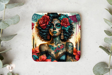 Day of the Dead Coaster, Día de los Muertos Square Coaster Sublimation Sublimation BijouBay 