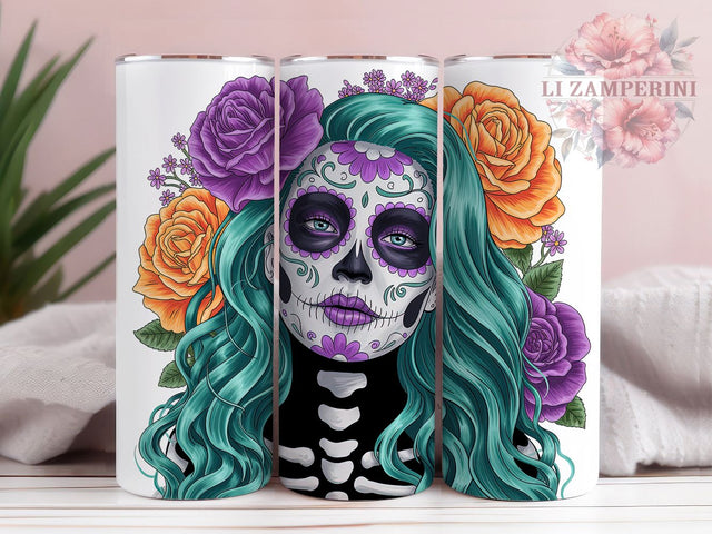 Day of the Dead Gothic Floral Tumbler, Skeleton Floral Wrap, Halloween Sublimation Design, 20Oz Skinny Tumbler, Sugar Skull Drinkware, Gothic Floral Tumbler, Mexican Holiday Wrap Sublimation Li Zamperini 