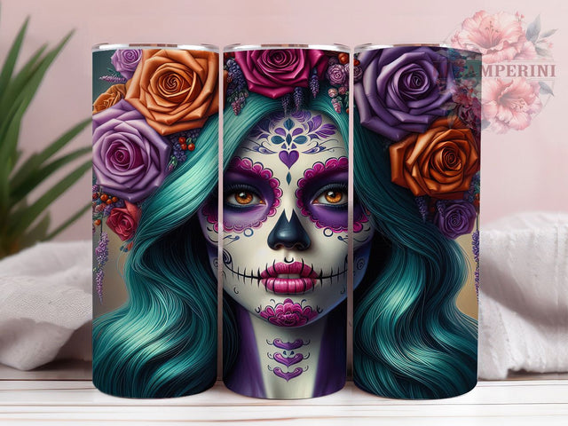 Day of the Dead Gothic Floral Tumbler, Skeleton Floral Wrap, Halloween Sublimation Design, 20Oz Skinny Tumbler, Sugar Skull Drinkware, Gothic Floral Tumbler, Mexican Holiday Wrap Sublimation Li Zamperini 