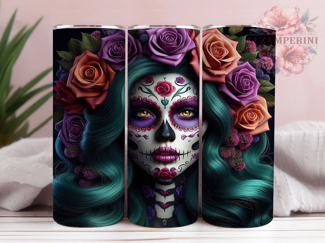 Day of the Dead Gothic Floral Tumbler, Skeleton Floral Wrap, Halloween Sublimation Design, 20Oz Skinny Tumbler, Sugar Skull Drinkware, Gothic Floral Tumbler, Mexican Holiday Wrap Sublimation Li Zamperini 