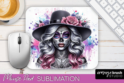 Day of the Dead Halloween Mouse Pad, Sugar Skull Mousepad Sublimation OrangeBrushStudio 