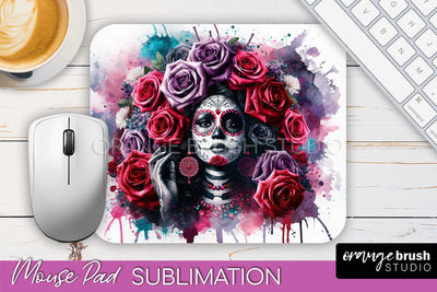 Day of the Dead Halloween Mouse Pad, Sugar Skull Mousepad Sublimation OrangeBrushStudio 