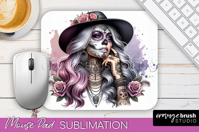 Day of the Dead Halloween Mouse Pad, Sugar Skull Mousepad Sublimation OrangeBrushStudio 