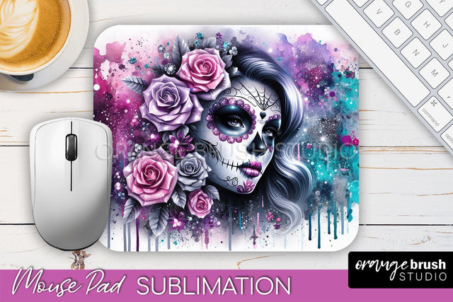 Day of the Dead Halloween Mouse Pad, Sugar Skull Mousepad Sublimation OrangeBrushStudio 