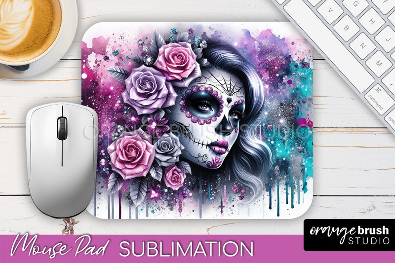 Day of the Dead Halloween Mouse Pad, Sugar Skull Mousepad Sublimation OrangeBrushStudio 