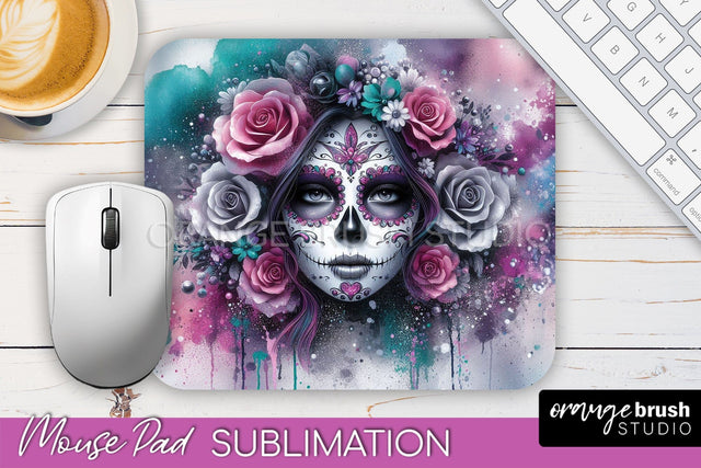 Day of the Dead Halloween Mouse Pad, Sugar Skull Mousepad Sublimation OrangeBrushStudio 