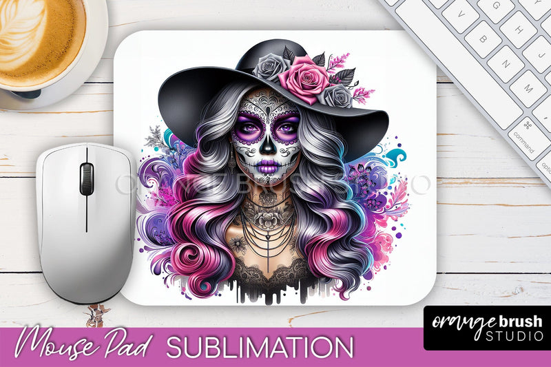 Day of the Dead Halloween Mouse Pad, Sugar Skull Mousepad Sublimation OrangeBrushStudio 