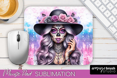 Day of the Dead Halloween Mouse Pad, Sugar Skull Mousepad Sublimation OrangeBrushStudio 