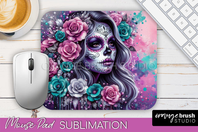 Day of the Dead Halloween Mouse Pad, Sugar Skull Mousepad Sublimation OrangeBrushStudio 