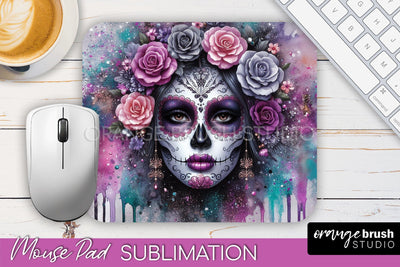 Day of the Dead Halloween Mouse Pad, Sugar Skull Mousepad Sublimation OrangeBrushStudio 