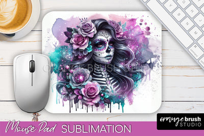 Day of the Dead Halloween Mouse Pad, Sugar Skull Mousepad Sublimation OrangeBrushStudio 