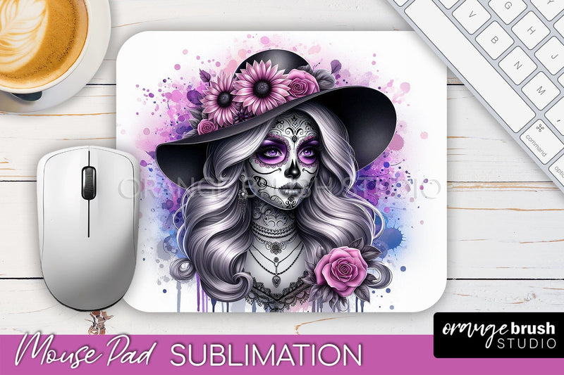 Day of the Dead Halloween Mouse Pad, Sugar Skull Mousepad Sublimation OrangeBrushStudio 