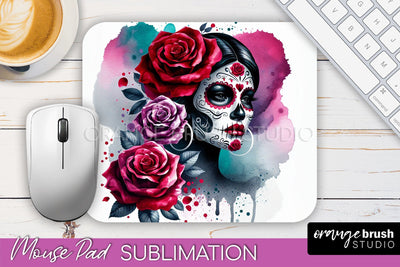 Day of the Dead Halloween Mouse Pad, Sugar Skull Mousepad Sublimation OrangeBrushStudio 