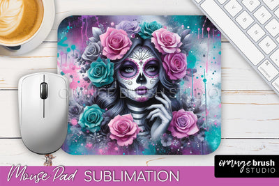 Day of the Dead Halloween Mouse Pad, Sugar Skull Mousepad Sublimation OrangeBrushStudio 