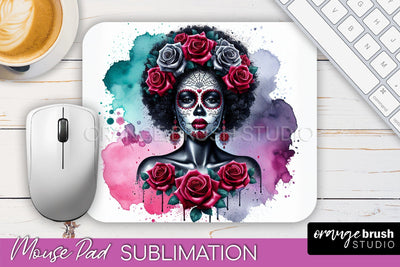 Day of the Dead Halloween Mouse Pad, Sugar Skull Mousepad Sublimation OrangeBrushStudio 