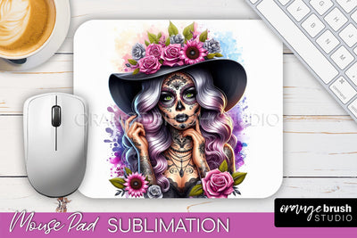 Day of the Dead Halloween Mouse Pad, Sugar Skull Mousepad Sublimation OrangeBrushStudio 