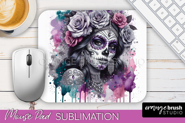 Day of the Dead Halloween Mouse Pad, Sugar Skull Mousepad Sublimation OrangeBrushStudio 