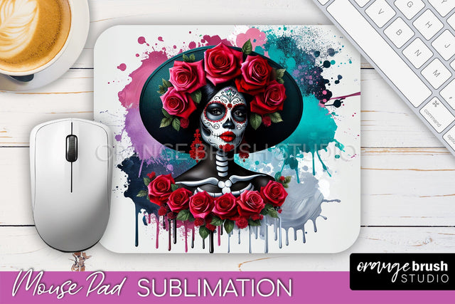 Day of the Dead Halloween Mouse Pad, Sugar Skull Mousepad Sublimation OrangeBrushStudio 