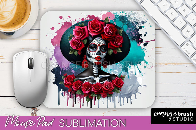 Day of the Dead Halloween Mouse Pad, Sugar Skull Mousepad Sublimation OrangeBrushStudio 