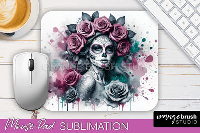 Day of the Dead Halloween Mouse Pad, Sugar Skull Mousepad Sublimation OrangeBrushStudio 