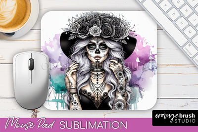 Day of the Dead Halloween Mouse Pad, Sugar Skull Mousepad Sublimation OrangeBrushStudio 