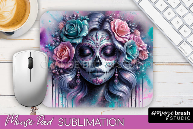 Day of the Dead Halloween Mouse Pad, Sugar Skull Mousepad Sublimation OrangeBrushStudio 