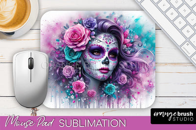 Day of the Dead Halloween Mouse Pad, Sugar Skull Mousepad Sublimation OrangeBrushStudio 