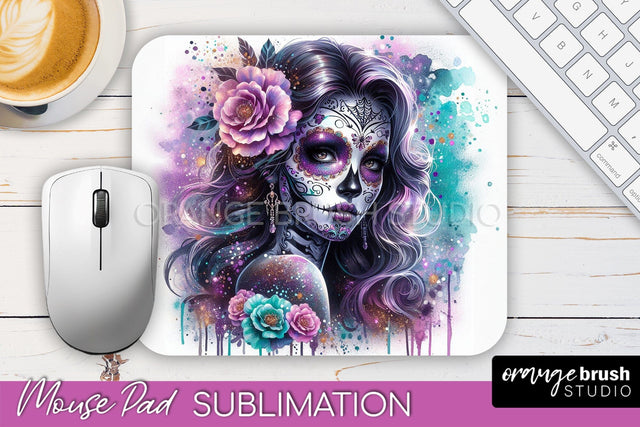 Day of the Dead Halloween Mouse Pad, Sugar Skull Mousepad Sublimation OrangeBrushStudio 