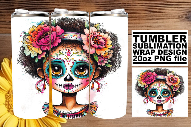 Day of the Dead Muerta Tumbler Wrap – 20oz Watercolor Sublimation afrosvg 