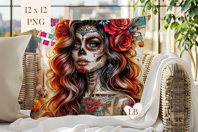 Day Of The Dead Pillow Sublimation - Sugar Skull Pillow PNG Sublimation BijouBay 