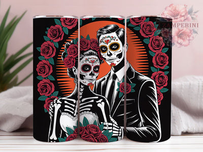 Day of the Dead Skull Couple Tumbler, Sugar Skull Couple Cup, Dia De Los Muertos Mug, Skeleton Bride Groom Art, Mexican Wedding Gift, Gothic Romance Drinkware, Festive Skull Tumbler Sublimation Li Zamperini 