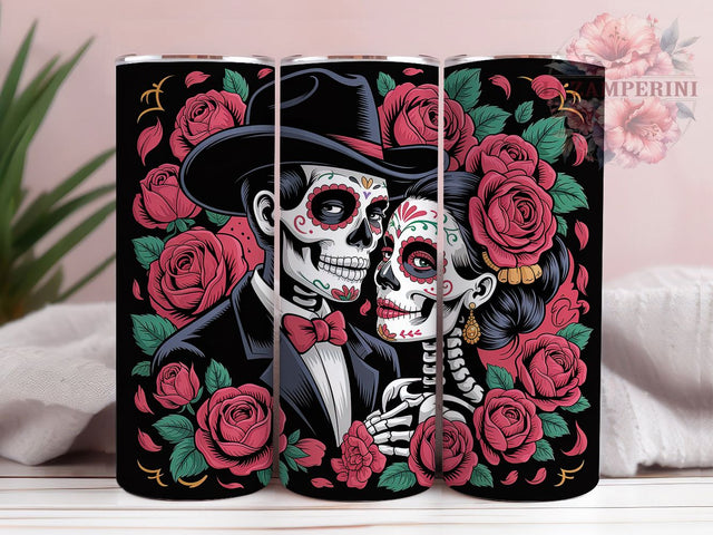 Day of the Dead Skull Couple Tumbler, Sugar Skull Couple Cup, Dia De Los Muertos Mug, Skeleton Bride Groom Art, Mexican Wedding Gift, Gothic Romance Drinkware, Festive Skull Tumbler Sublimation Li Zamperini 