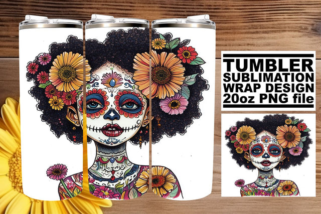 Day of the Dead Skull Tumbler – 20oz Watercolor Art Sublimation afrosvg 